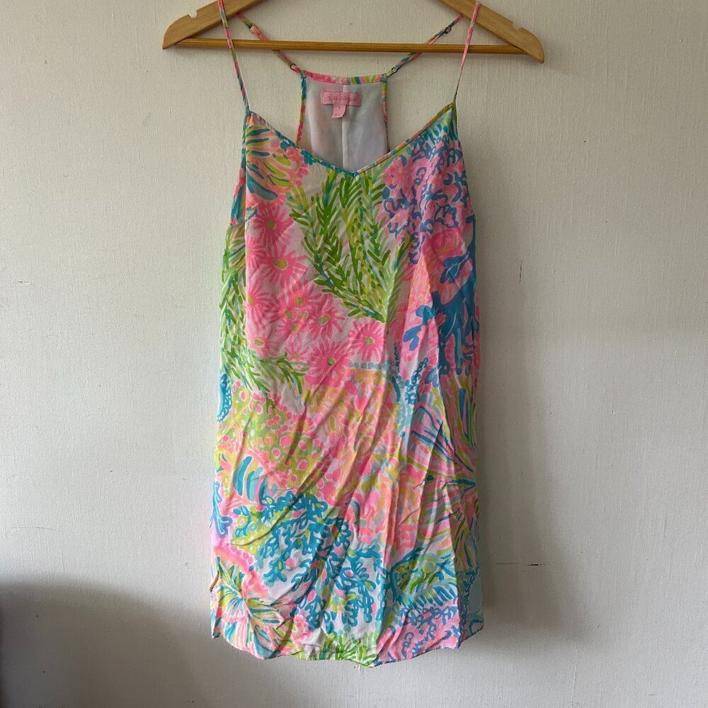 Lilly Pulitzer Silk Tank Dress Womens Small Pink Floral Spaghetti Strap‎ Preppy